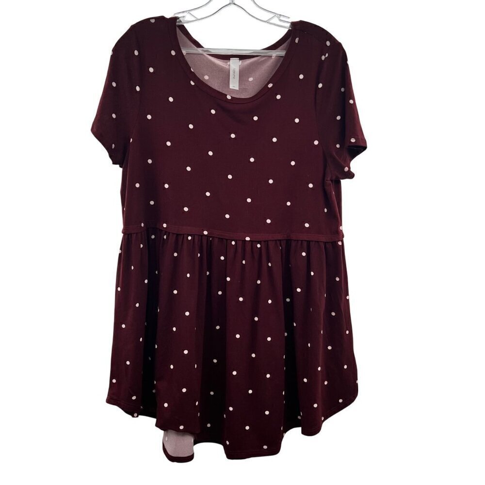 Honeyme Women's Short Sleeve Babydoll Top Polka Dot Burgundy Size Large
